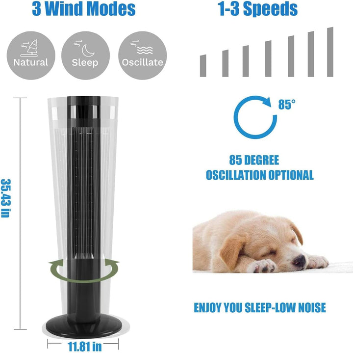 Tower Fan Portable Electric Oscillating Fan Quiet Cooling Remote Control Standing Bladeless Floor Fans 3 Speeds Wind Modes Timer - Kismile