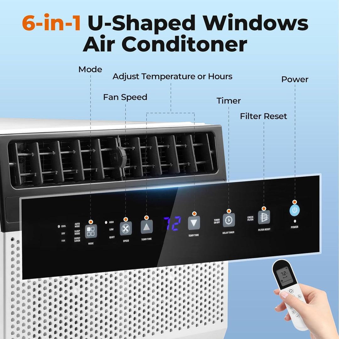 Window Air Conditioner 12,000 BTU, 6 in 1 U Shaped Window AC unit with Remote Control A5408W-12K - Kismile