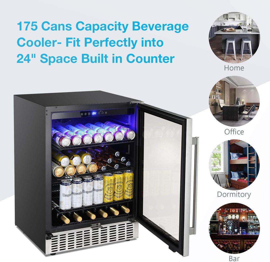 24 Inch Metal Shelves Beverage Refrigerator Buit-in Wine Cooler Mini Fridge Clear Glass Door - Kismile
