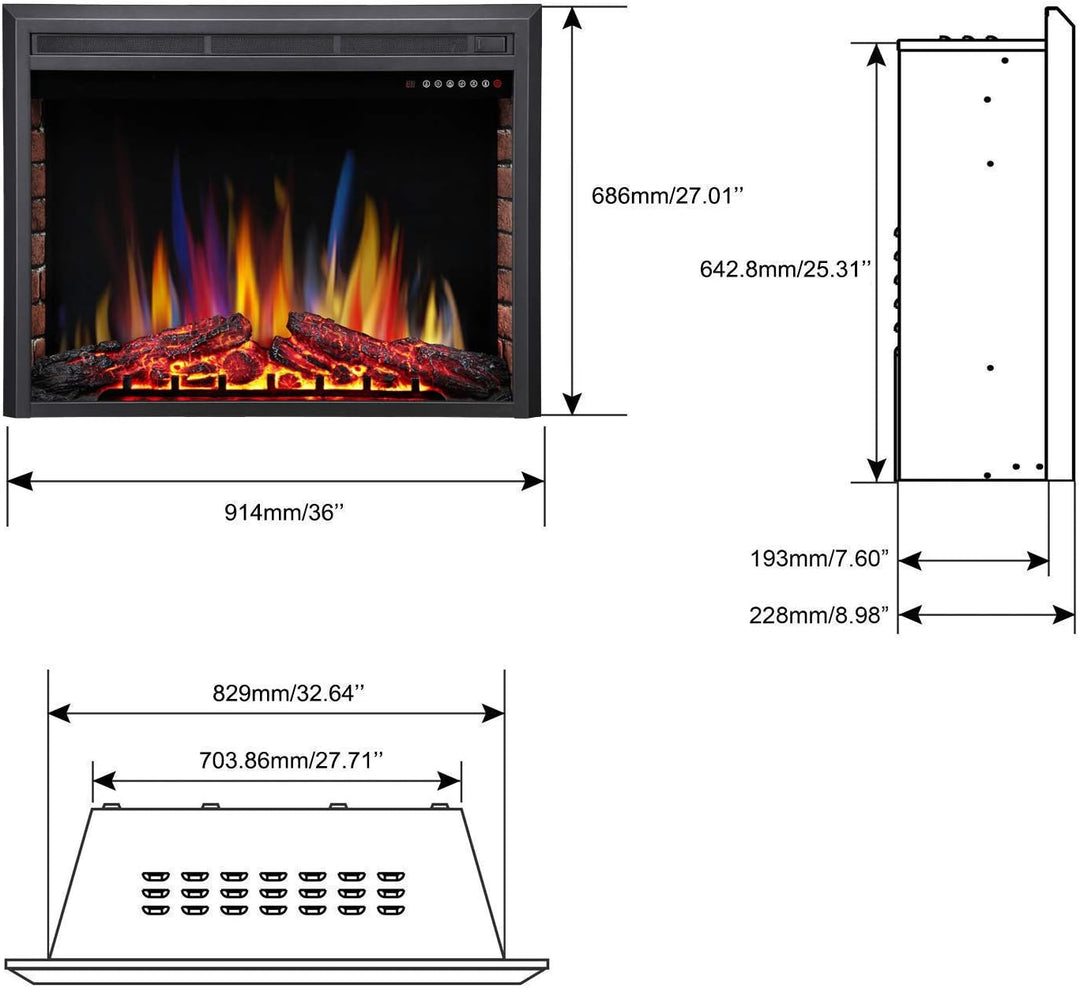36 Inch Electric Fireplace Insert Adjuatble Flame Colors - Kismile