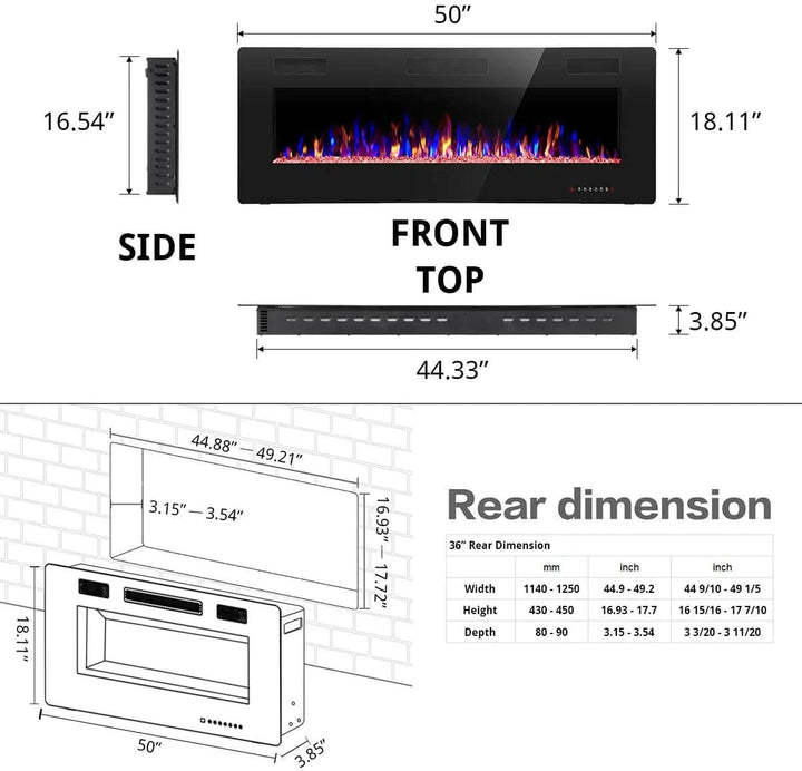 50 Electric Fireplace Recessed and Wall Mounted,750-1500W - Kismile