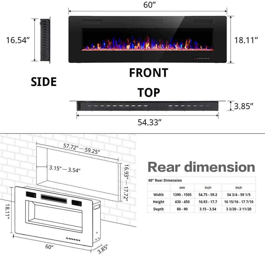 60 Inch Electric Fireplace Recessed and Wall Mounted,750-1500W - Kismile