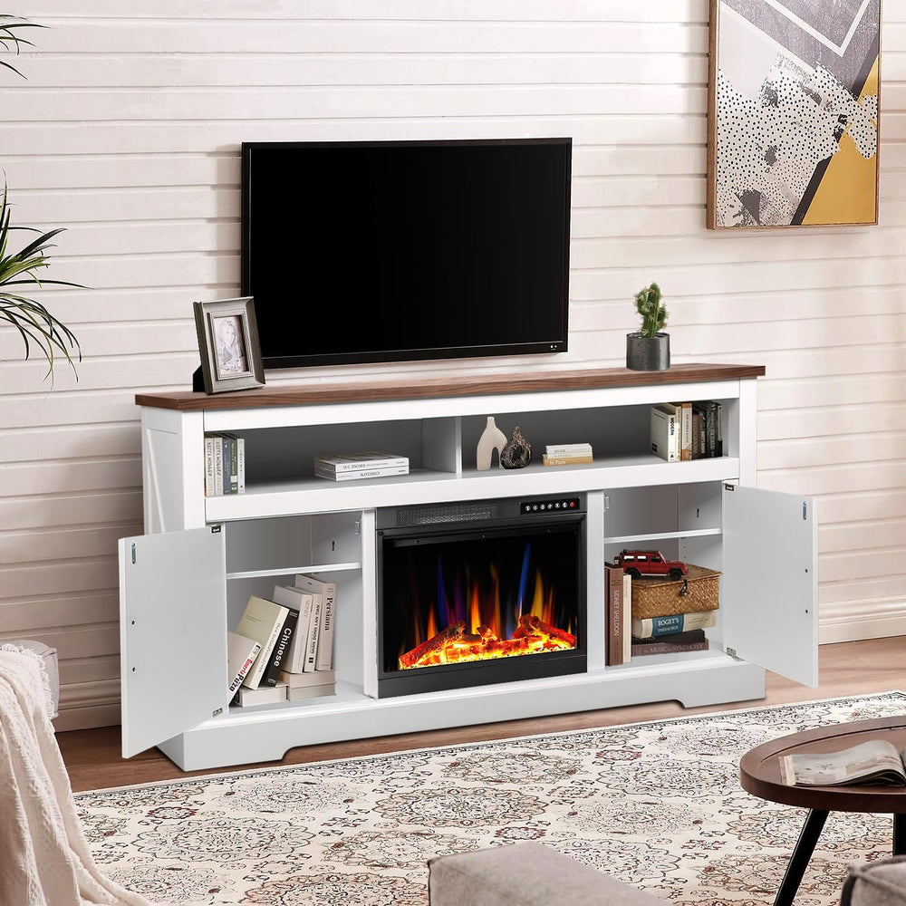 60''Fireplace TV Stand with Freestanding Electric Fireplace&Wooden Storage Cabinet M2301 - Kismile