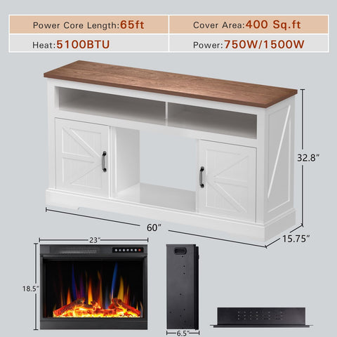 60''Fireplace TV Stand with Freestanding Electric Fireplace&Wooden Storage Cabinet M2301 - Kismile