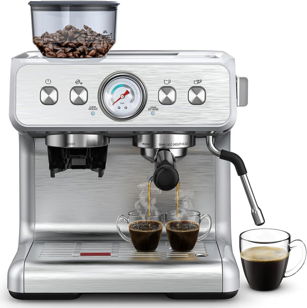 Espresso Machine 15 Bar, Semi-Automatic Coffee Maker with Bean Grinder and Milk Frother Steam Wand CM8050 - Kismile