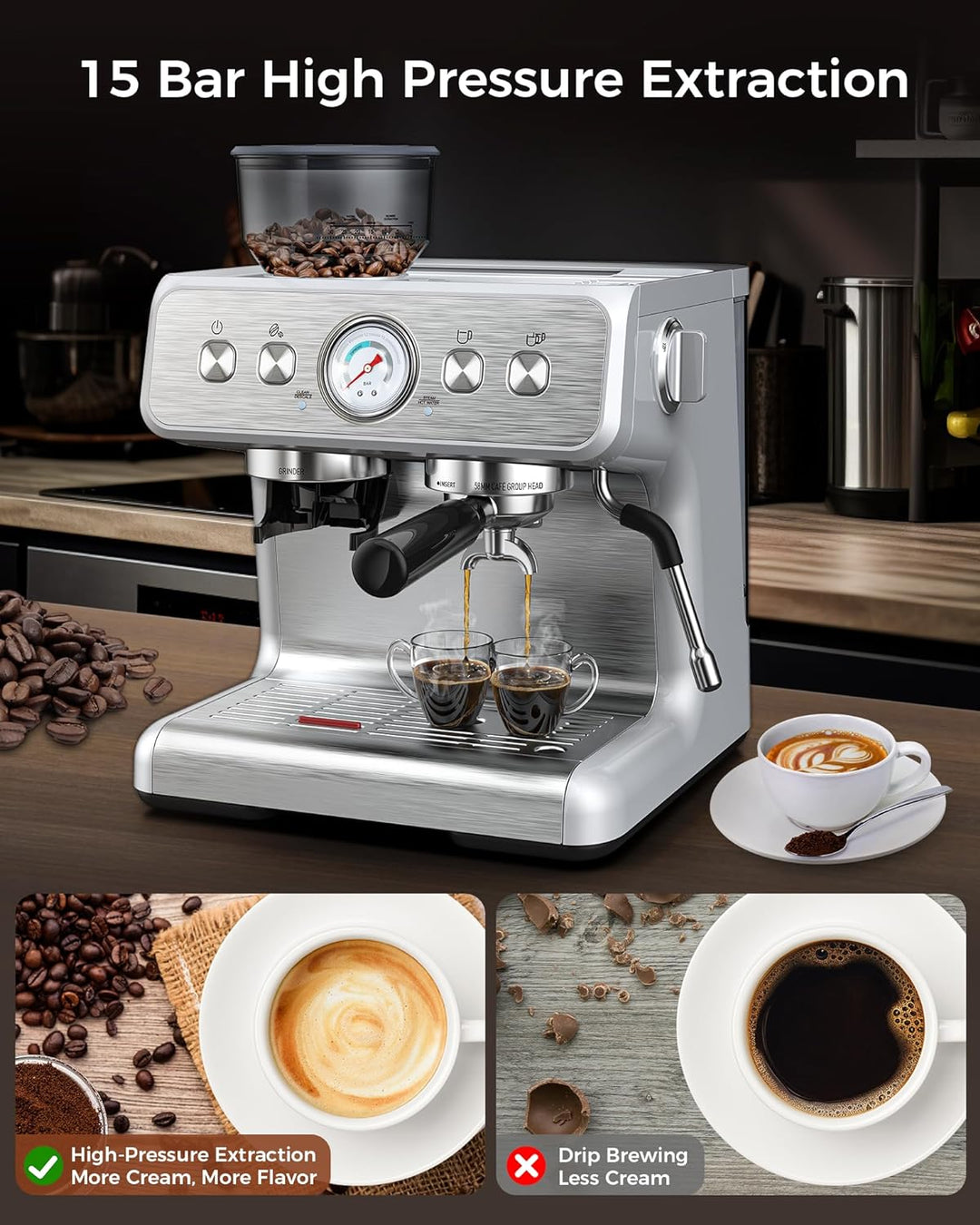 Espresso Machine 15 Bar, Semi-Automatic Coffee Maker with Bean Grinder and Milk Frother Steam Wand CM8050 - Kismile